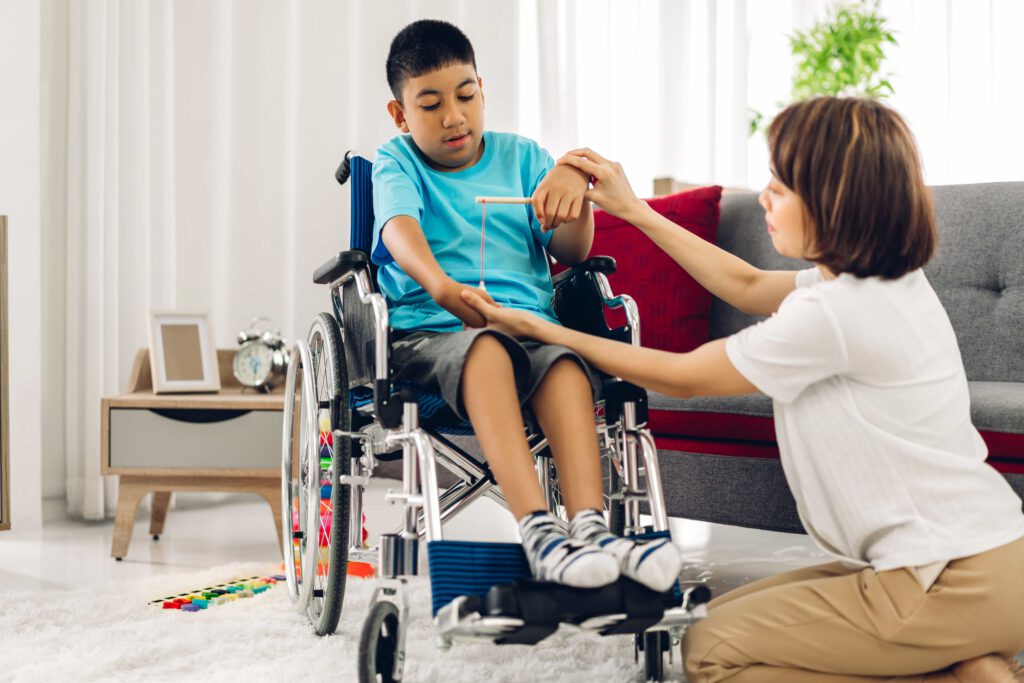 Playing with toys in wheelchair